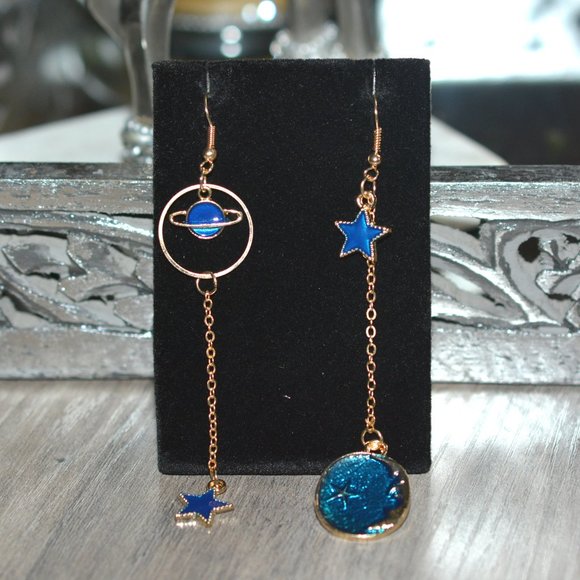 COSMIC Gold Dangling Star, Moon, Planet Earrings